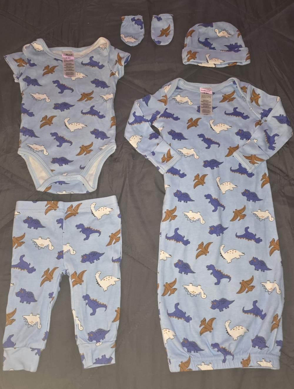 🦕 Baby Dinosaur 5-Piece Layette Set in Light Blue The Peanutshell 0-3m 🦖